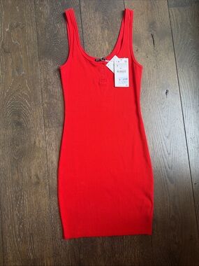 Zara Bright Red Ribbed Tank Dress with Button Placket